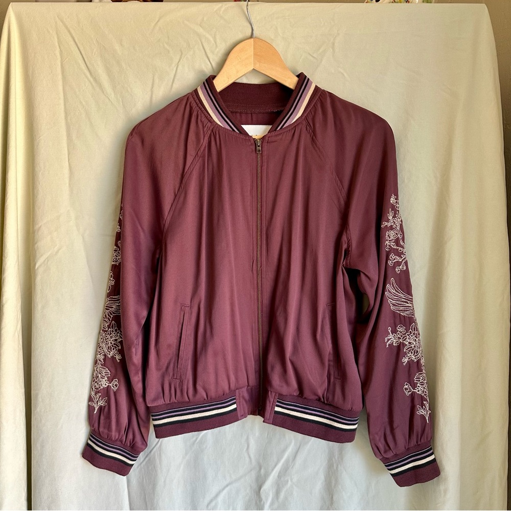 American Eagle maroon bomber jacket with gold-EMBROIDERED sleeves